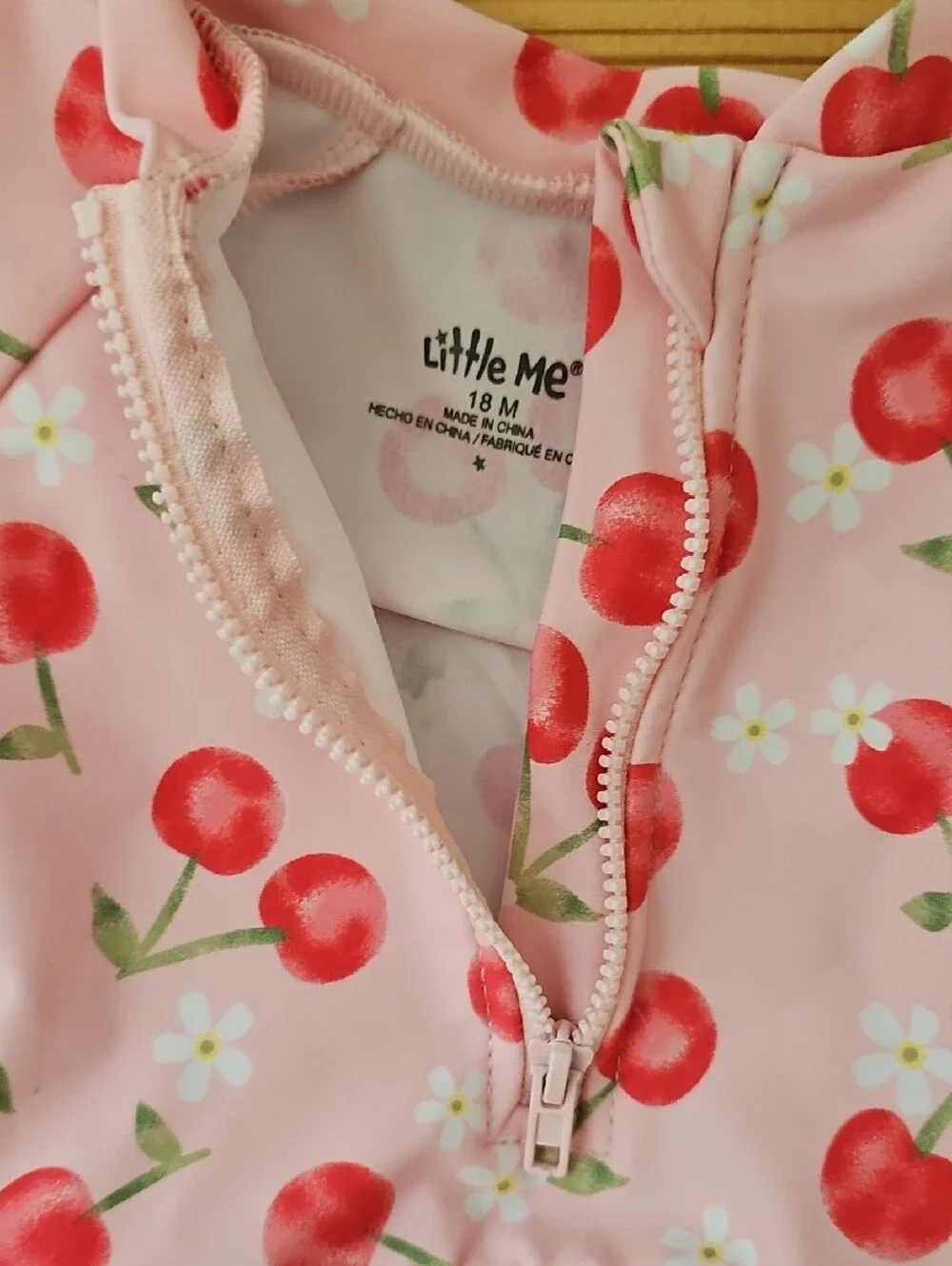 Little Me Pink Cherry Ruffle Front-Zip Long-Sleeve Swimsuit